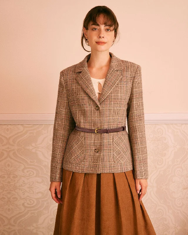 Super Deal The Khaki Lapel Plaid Single Breasted Blazer