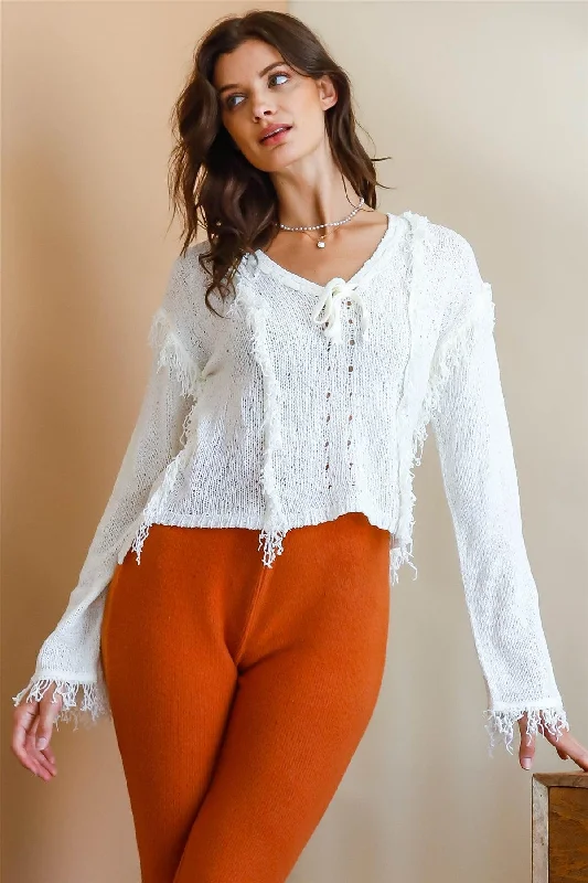 Savings Alert Off-White Trim Detail Self-Tie V-Neck Knit Top