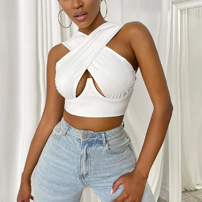 Big Savings Off-Shoulder Slim Cross Hollow Solid Color Crop Tops Wholesale Women'S Tops