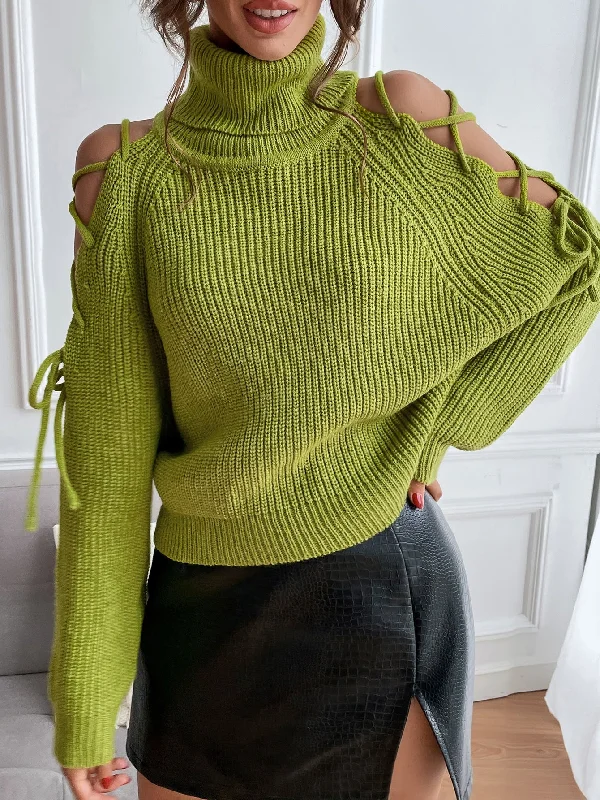 Unbeatable Prices Casual Plain Lace Up Long Sleeve High Neck Regular Women Sweater