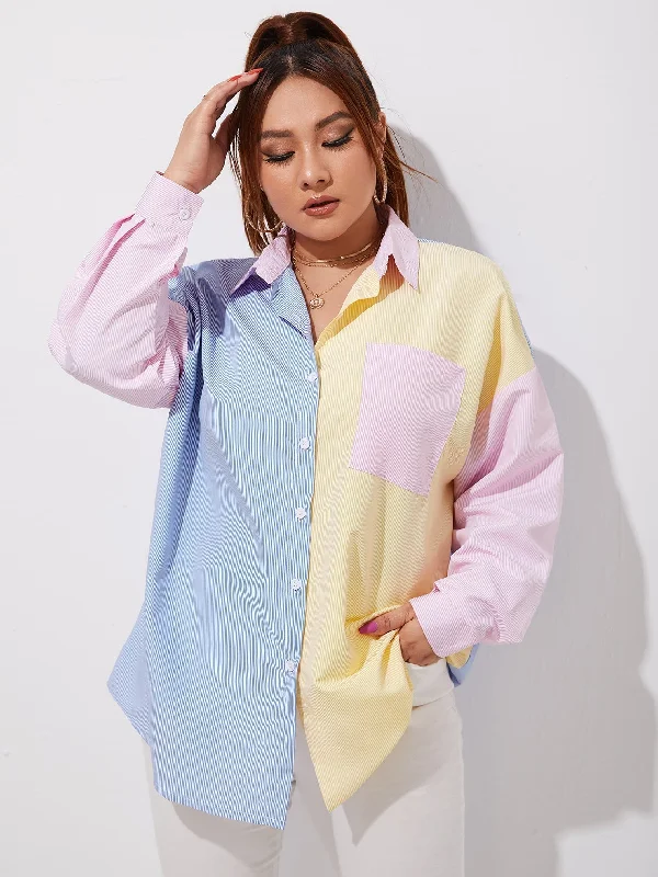 Limited Time Offer Colorblock Button Front Long Sleeve Collar Long Plus Size Blouse