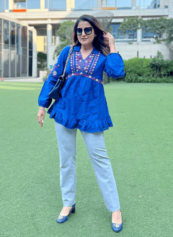 Special Offer Blue Thigh-length Boho Tunic with Collar and Full Sleeves