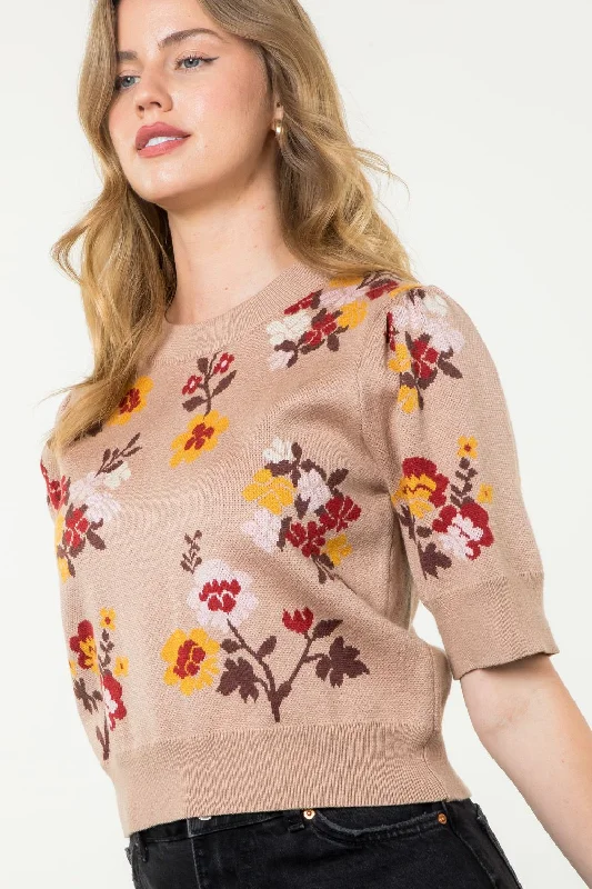 Value Deals Beige Short Sleeve Flower Top