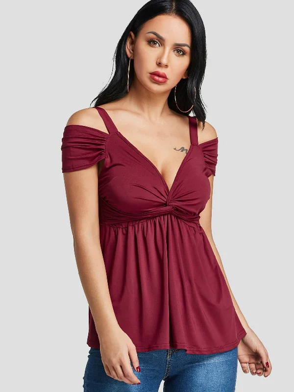 Price Buster Custom Cold Shoulder Pleated Twist Short Sleeve Top