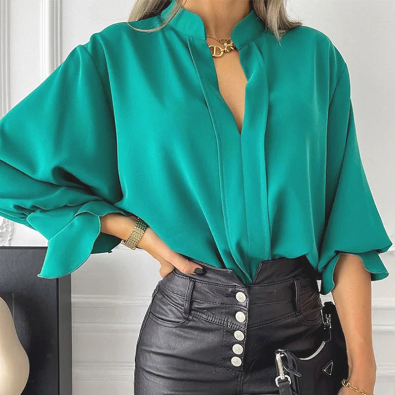 Weekend Bargains to Indulge In Chiffon Solid Color Casual V-Neck Blouses Wholesale Womens Long Sleeve T Shirts