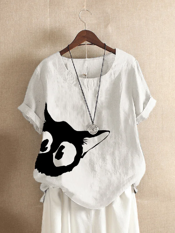 Weekend Deals That Wow Cartoon Cat Printed O-Neck Short Sleeve Women Casual T-Shirts