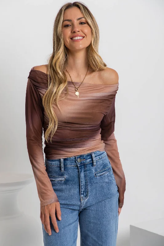 Weekend Bargains to Celebrate Tayha Longsleeve Mesh Top - Choc Watercolour
