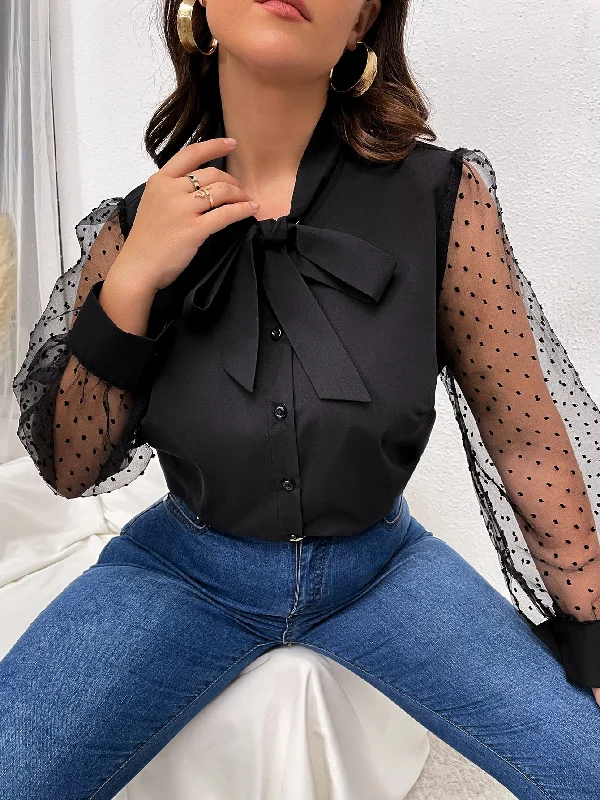 Great Deals Polka Dot Button Front Long Sleeve Tie Neck Regular Plus Size Blouse