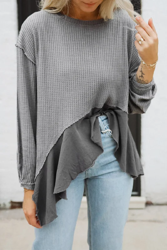 Blowout Deals Grey Waffle Knit Patchwork Long Sleeve Top