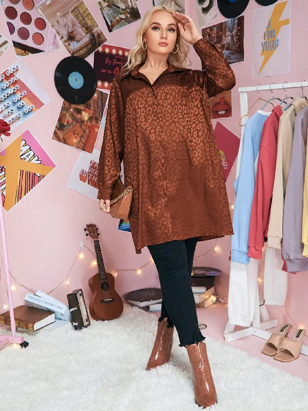 Deal Dash All Over Print Button Front Long Sleeve Collar Long Plus Size Blouse