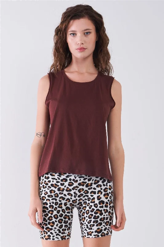 Weekend Specials to Enjoy Burgundy Solid Sleeveless Raw Hem Detail Round Neck Basic Tank Top Weekend Specials to Enjoy Burgundy Solid Sleeveless Raw Hem Detail Round Neck Basic Tank Top