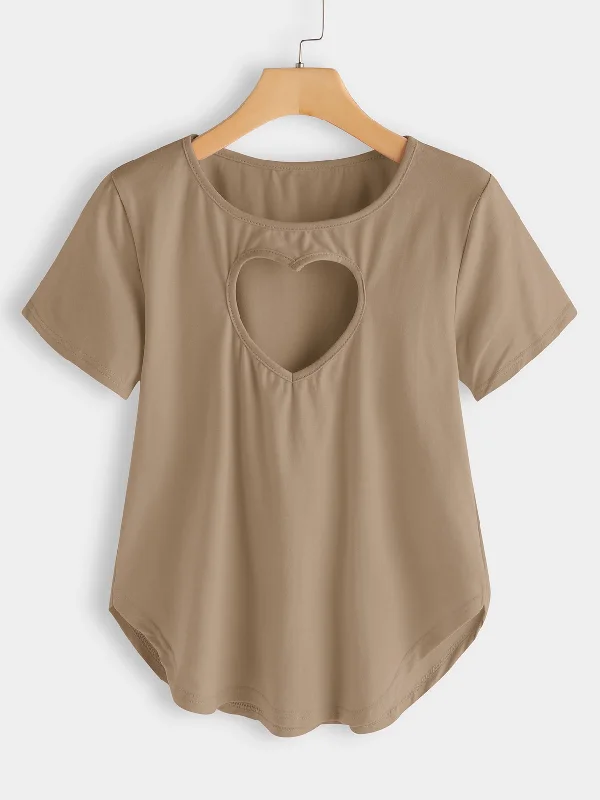 Low Prices Custom Round Neck Cut Out Short Sleeve Khaki Top