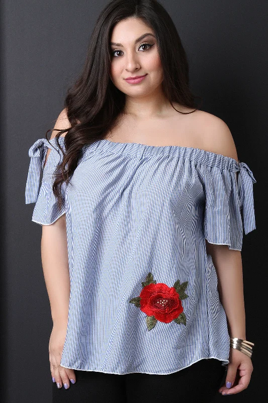 Price Rollback Off The Shoulder Striped Floral Accent Top