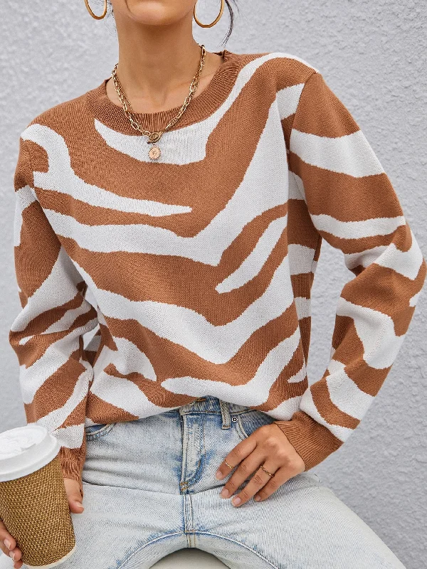 Act Fast Casual Zebra Stripe Long Sleeve Round Neck Regular Women Sweater