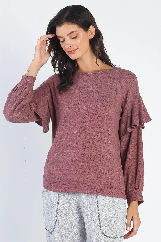 Weekend Deals That Sizzle Mauve Ruffle Shoulder Detail Long Sleeve Top