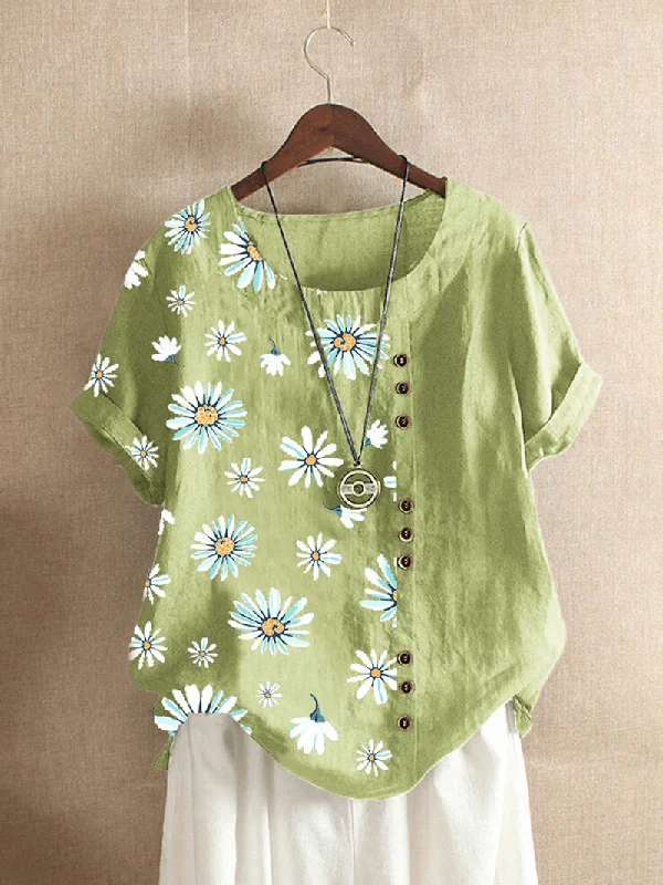Weekend Deals That Thrill Summer Small Daisies Print Vintage Style Short Sleeve Casual T-Shirts