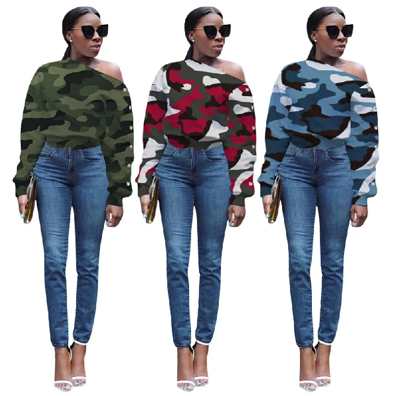 Unmissable Offer Z73408 Fashion Camouflage Print Long Sleeve top Casual women spring loose Skew Collar Off Shoulder T Shirts