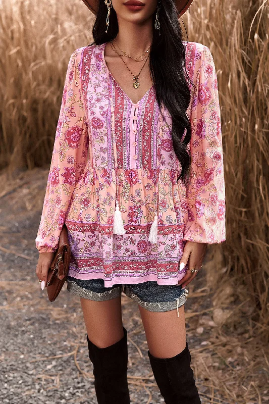 Your Weekend, Your Savings Tassel Tie Long Sleeve Peplum Blouse