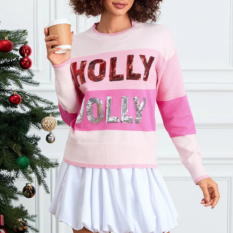 Weekend-Only Price Drops Women's Christmas Knit Sweater Long Sleeve Crewneck Sequins Letter Casual Striped Knitwear