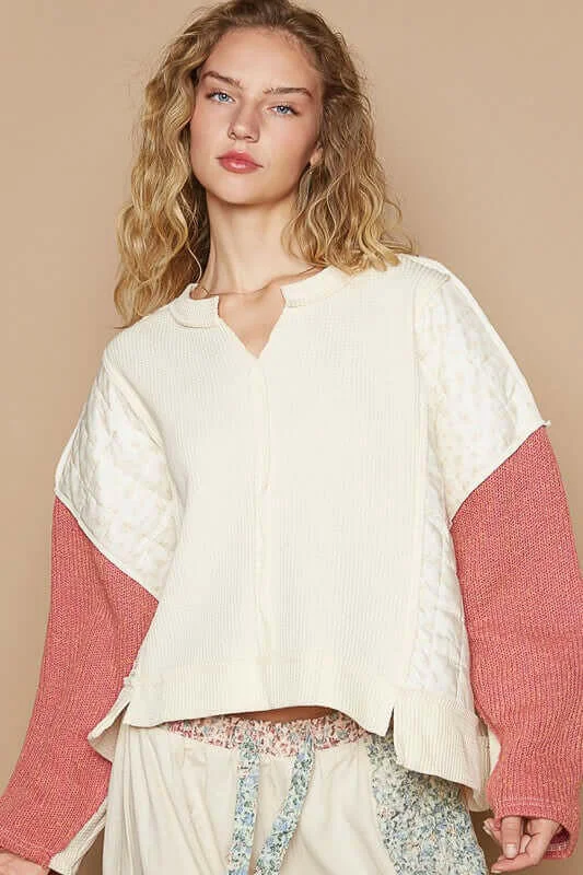 Overstock POL Waffle-Knit Contrast Notched Long Sleeve Knit Top