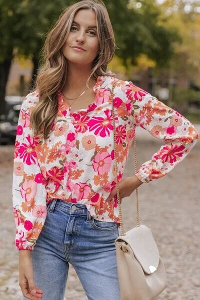 Big Discounts Floral V-Neck Frill Long Sleeve Blouse