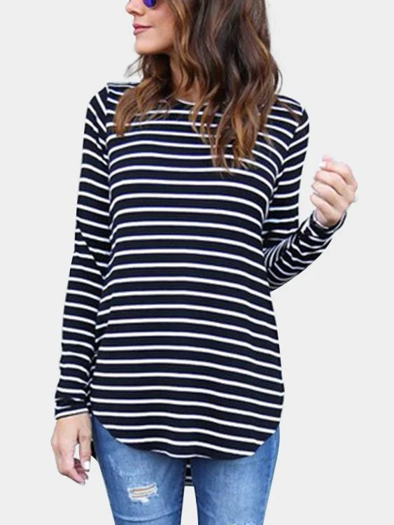 Today Only Custom Round Neck Star Long Sleeve Curved Hem Black Top
