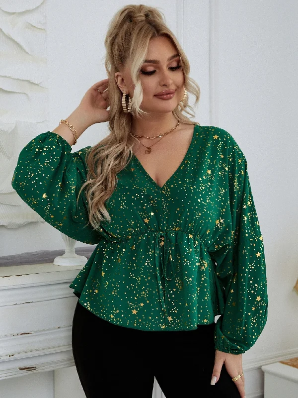 Closeout All Over Print Ruffle Hem Long Sleeve V Neck Flared Regular Plus Size Blouse