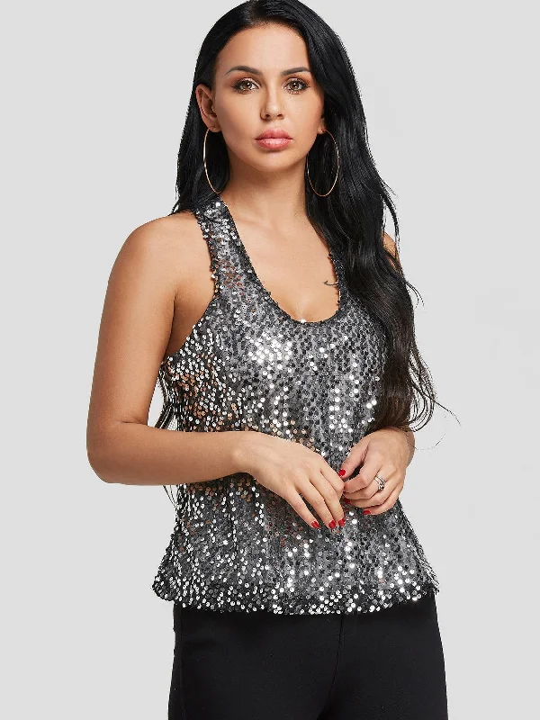 Weekend Bargains to Indulge In Custom Scoop Neck Sequins Embellished Sleeveless Tank Top