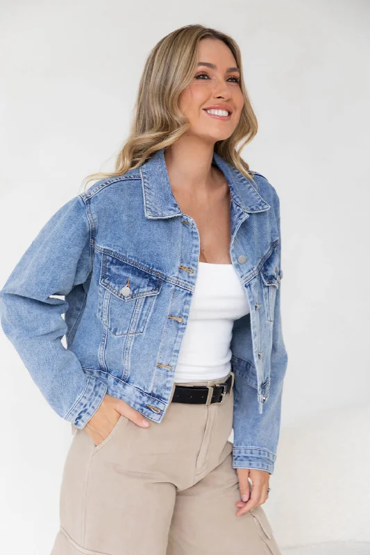 Super Sale Dexter Denim Biker Crop Jacket - Mid Wash