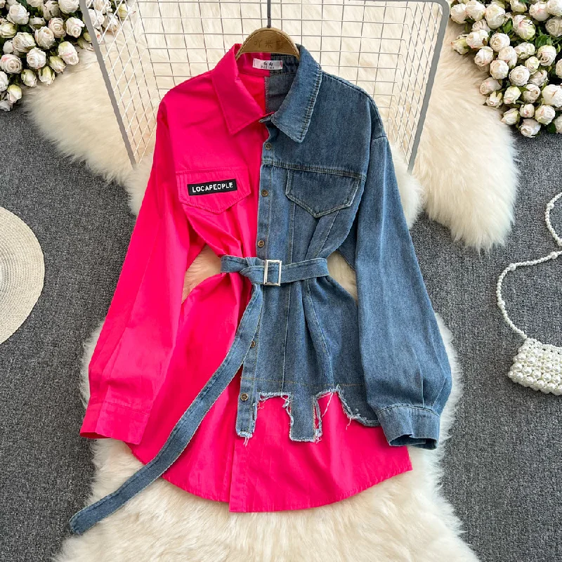 Super Sale In Stock 2023 Hot Sale Splicing Lapel Dress New Design Patchwork Jacket Women Long Jeans Denim Top Shirt Ladies' Blouses Shirt