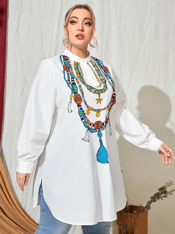 Extra Discounts Tribal Split Long Sleeve Stand Collar Long Plus Size Blouse