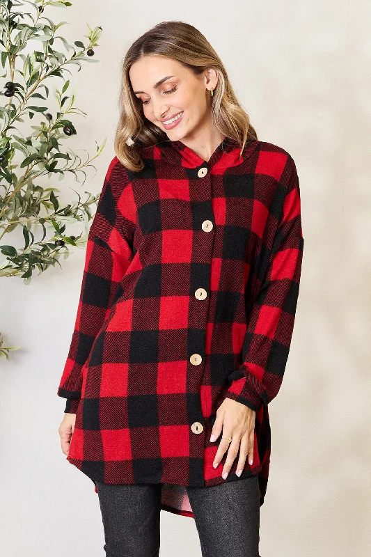 Exclusive Online Offer Heimish Full Size Plaid Button Front Hooded Shirt