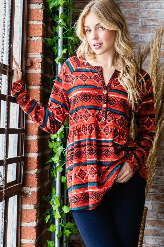 Exclusive Access Heimish Full Size Geometric Button Detail Long Sleeve Babydoll Top