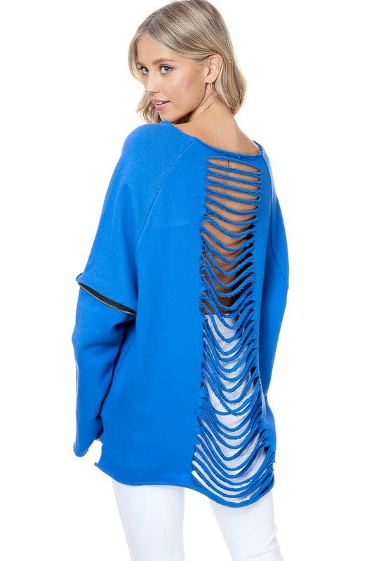 Online Exclusive Back it Out Cut- Up Zipper Sweater (Blue)