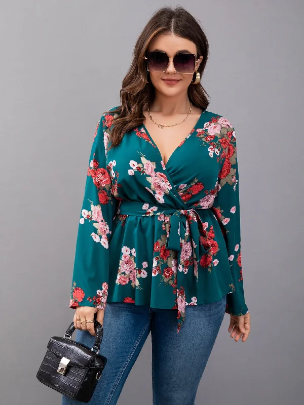 Weekend Offers That Thrill Floral Wrap Long Sleeve V Neck Regular Plus Size Blouse
