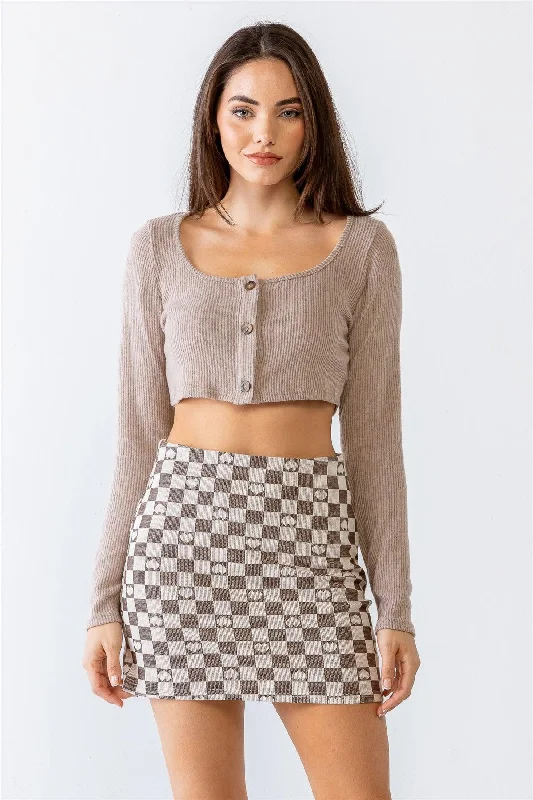 Overstock Sale Mocha Ribbed Button-Up Long Sleeve Crop Top /3-2-1