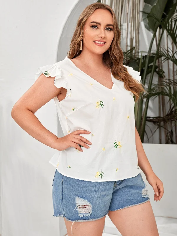 Weekend Specials to Indulge In Ditsy Floral Ruffle Cap Sleeve V Neck Semi-Sheer Regular Plus Size Blouse