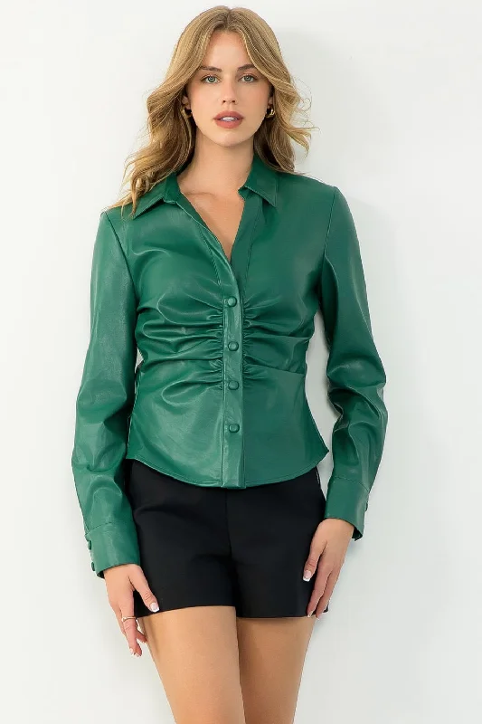 Price Fest Green Faux Leather Button Up