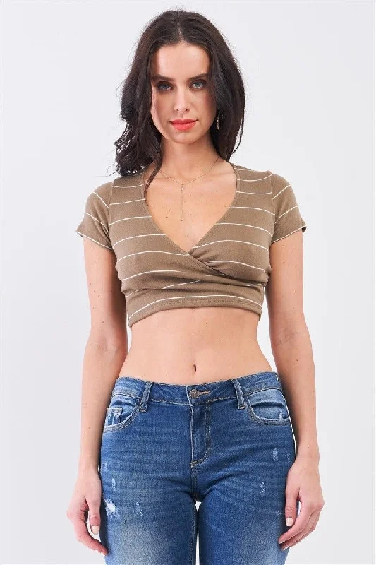 Deal of the Week Mocha & Ivory Striped V-Neck Wrap Front Crop Top
