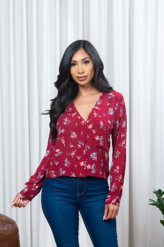 Super Bargain Floral Print Long Sleeve Button Down  Top w/1 Front Pocket (171084)