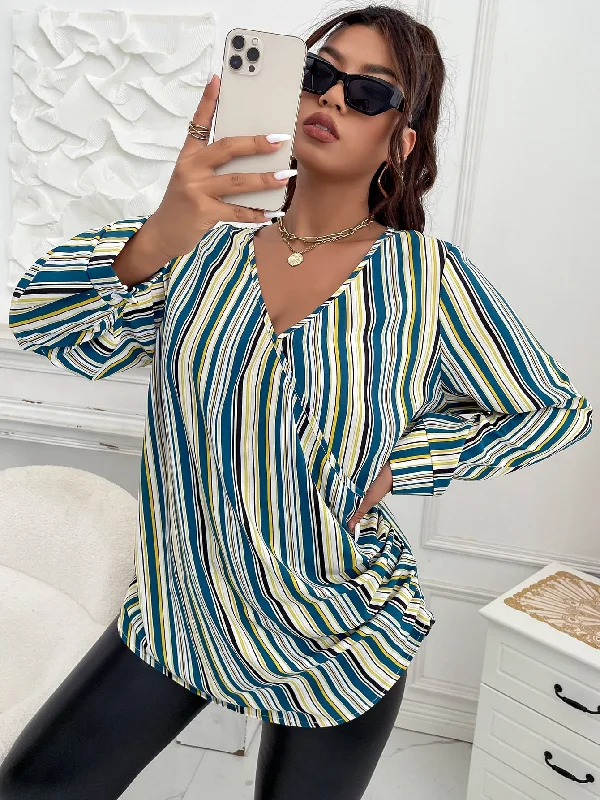 Fantastic Deals Striped Wrap Long Sleeve V Neck Long Plus Size Blouse