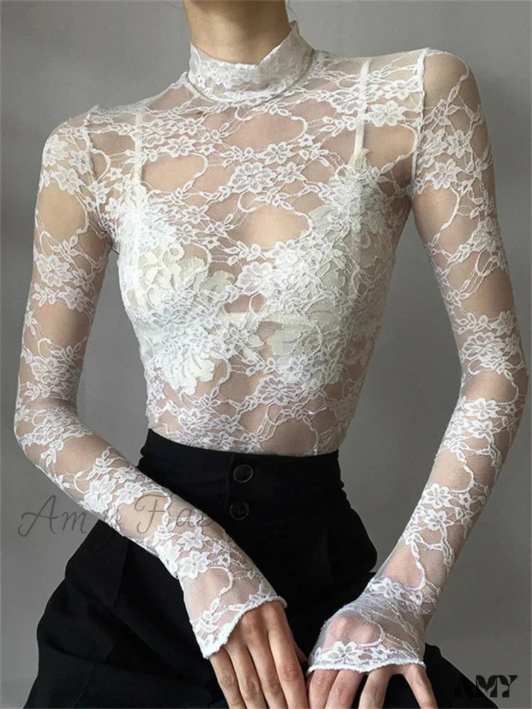 Daily Deals Amy Fashion - See Through Crop Top Long Sleeve High Neck Lace Floral Slim Fit T-shirts