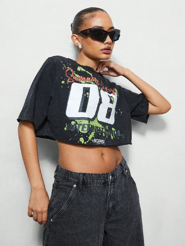 Hurry Up SUMWON WOMEN Crop Fit Washed Graphic Print Tee