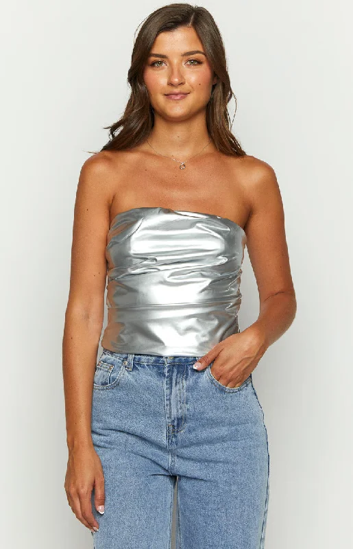 Weekend Deals That Thrill Never There Silver Metallic Strapless Top