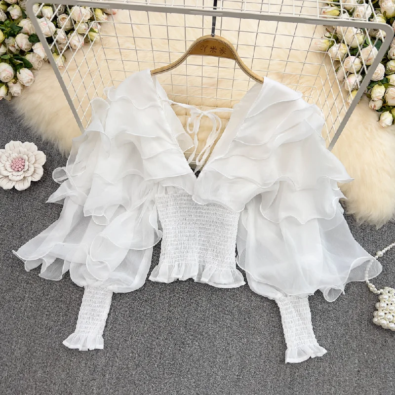 Super Savings 2022 Spring New Retro Sexy Long Sleeve Blouse V-neck Shirt Tight Waist Ladies' Chiffon Shirt Fashion Short Top for Women