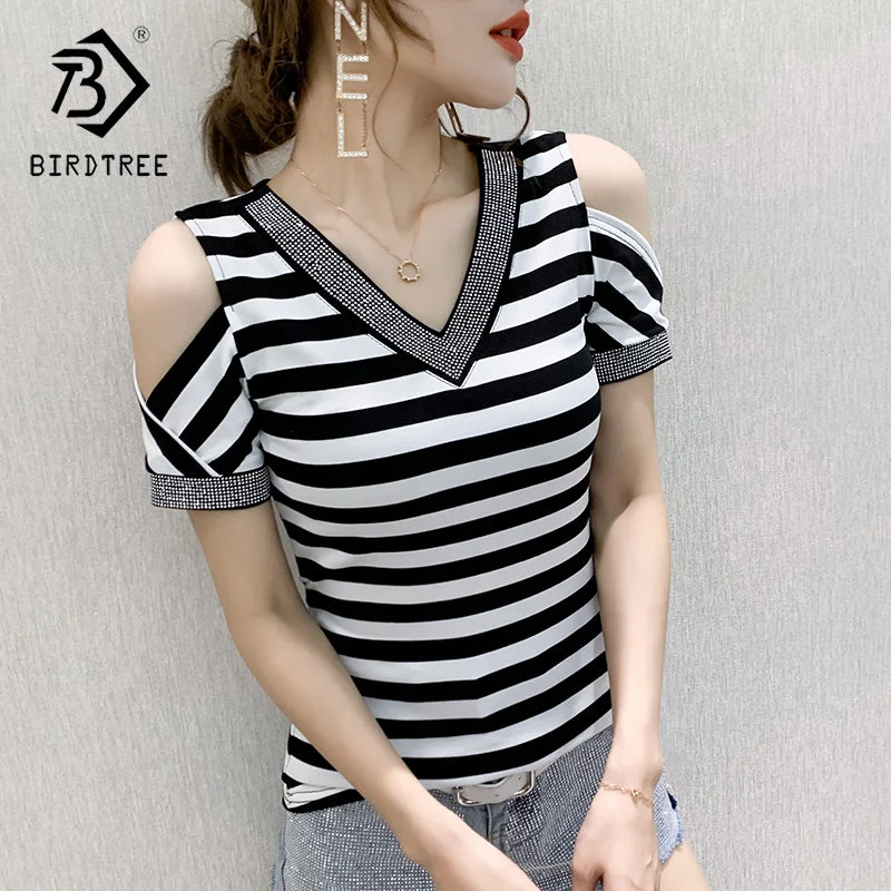 Super Savings Summer 2022 T-Shirt Women Sexy Off-shoulder V-neck Handmade Diamonds Beading Striped Women Tops Tees Short Sleeve New T25404