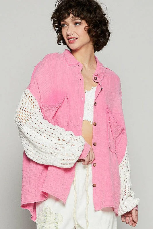 Weekend Savings Extravaganza POL Openwork Lantern Sleeve Button Down Gauze Shirt