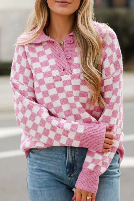 Weekend Offers That Sizzle Checkered Collared Neck Long Sleeve Sweater | Sweater Weather | Checkered Print Weekend Offers That Sizzle Checkered Collared Neck Long Sleeve Sweater | Sweater Weather | Checkered Print
