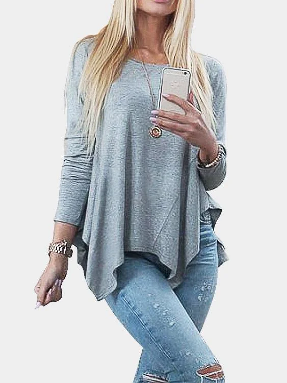 Customer Appreciation Sale Custom Round Neck Lace Pleated Long Sleeve Irregular Hem Grey T-Shirts