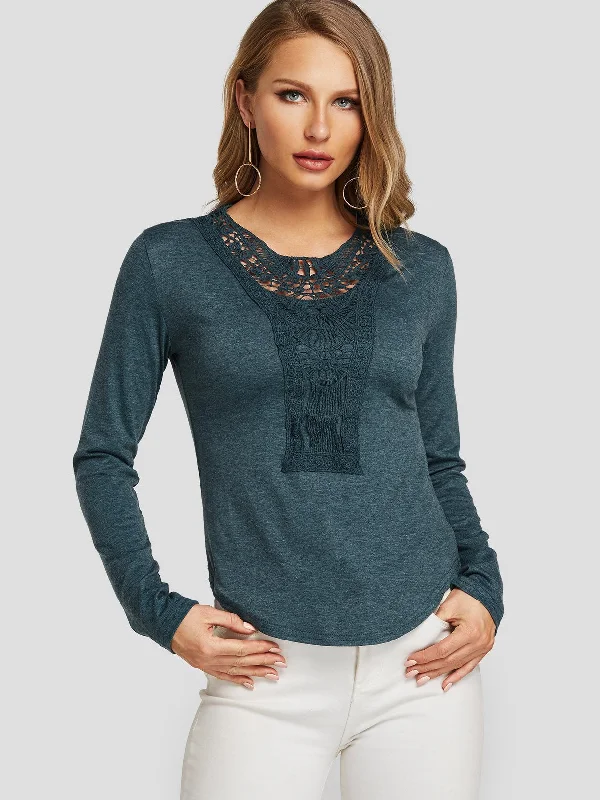 Clearance Event Custom Round Neck Crochet Lace Embellished Long Sleeve Green Top